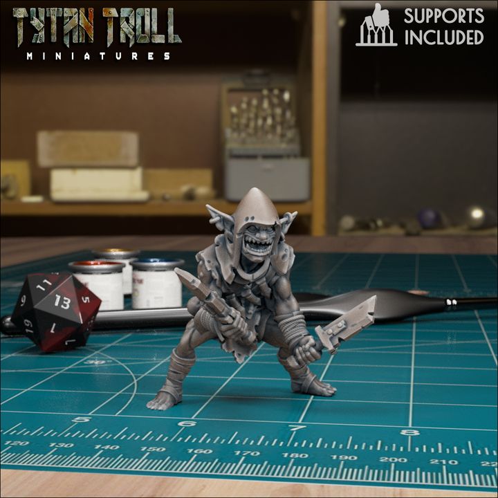 Goblin Assassin miniature by TytanTroll wearing a pointed hood and holding a blade, perfect for fantasy rogue crews and goblin ambush scenes.