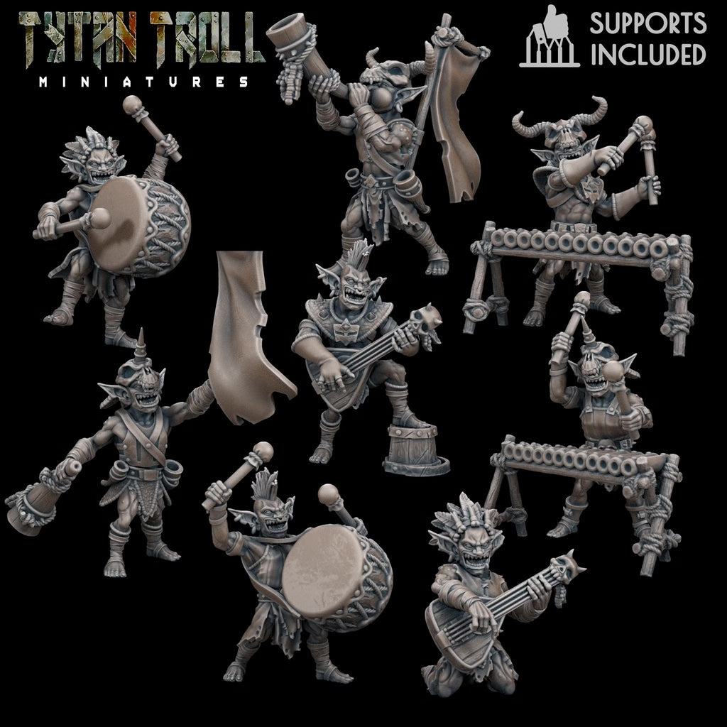 Eight Goblin Bard miniatures by TytanTroll: two each with guitar, xylophone, horn, and bass drum