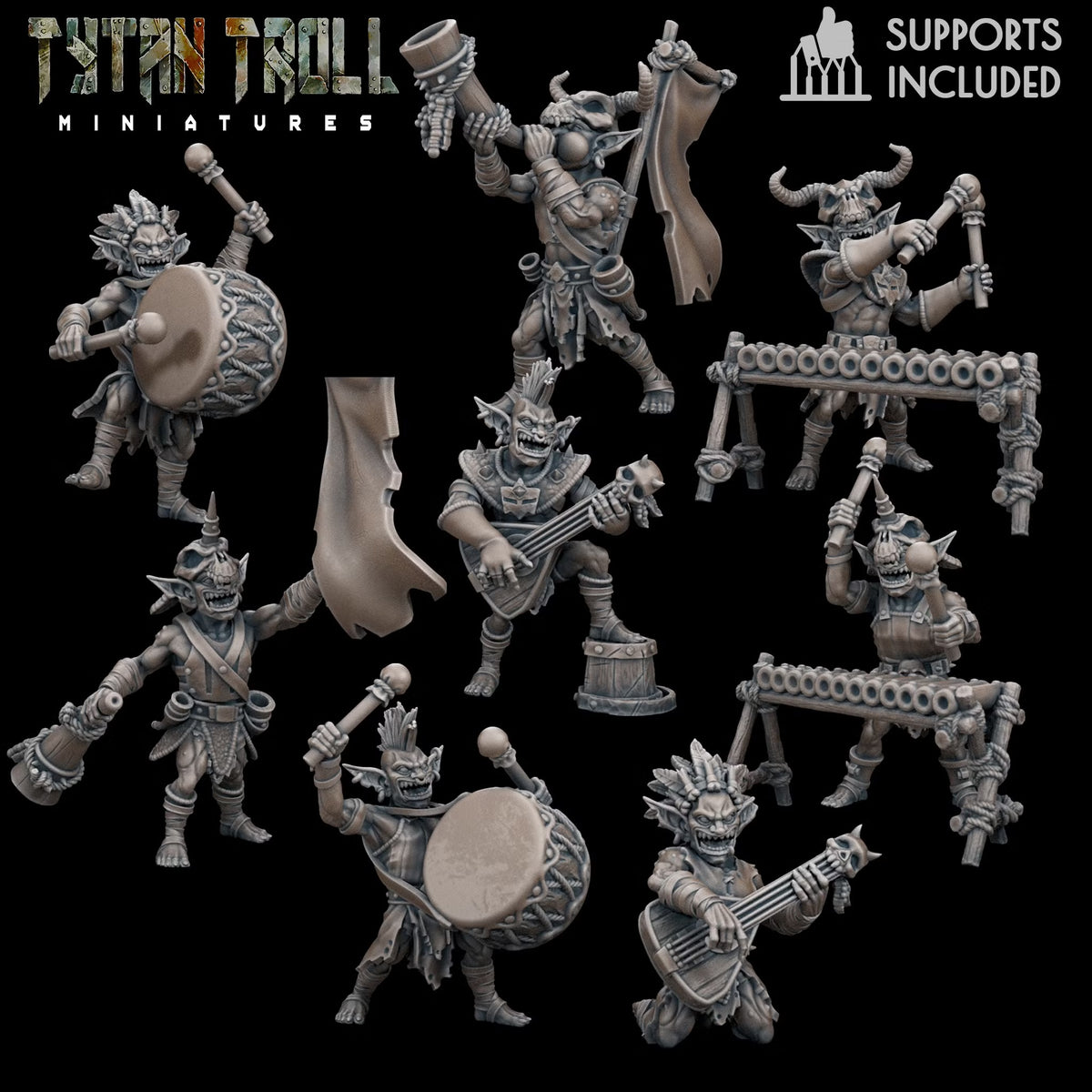 Eight Goblin Bard miniatures by TytanTroll: two each with guitar, xylophone, horn, and bass drum