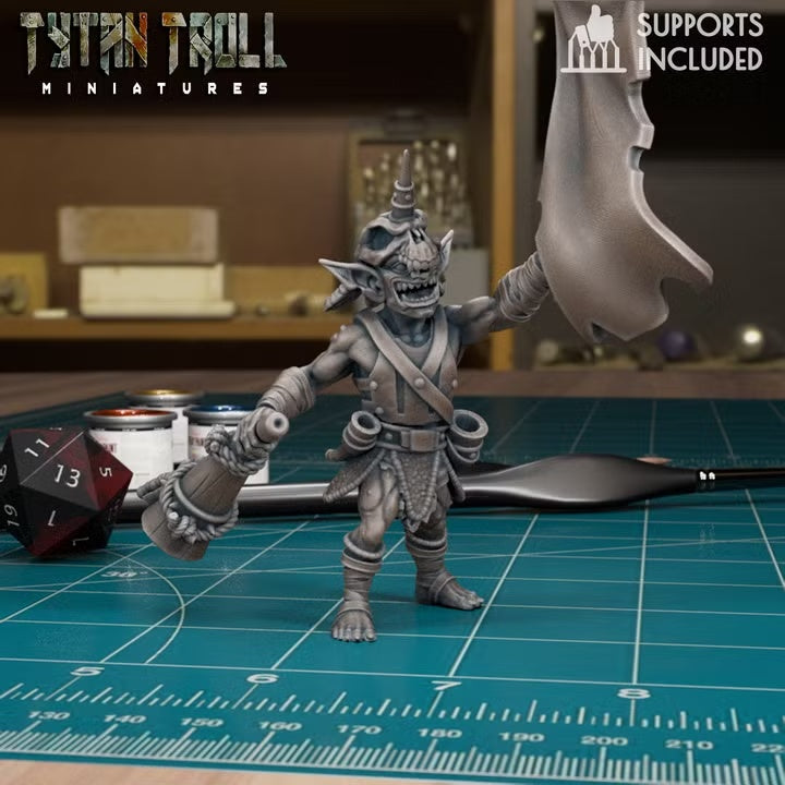 Goblin bard horn player holding a banner