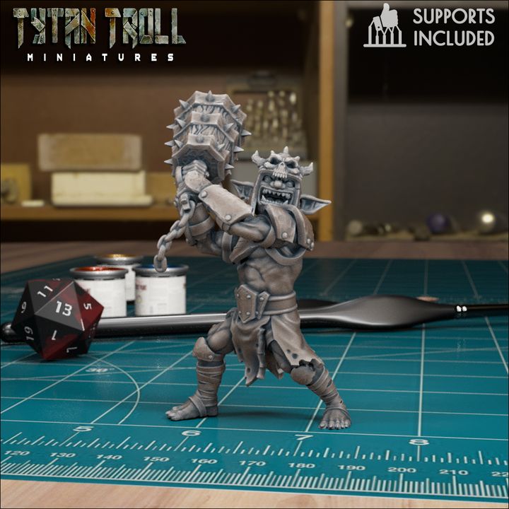 Goblin Heavy Warrior miniature by TytanTroll roaring while swinging a spiked club, designed for fantasy tabletop battles and goblin warband encounters.
