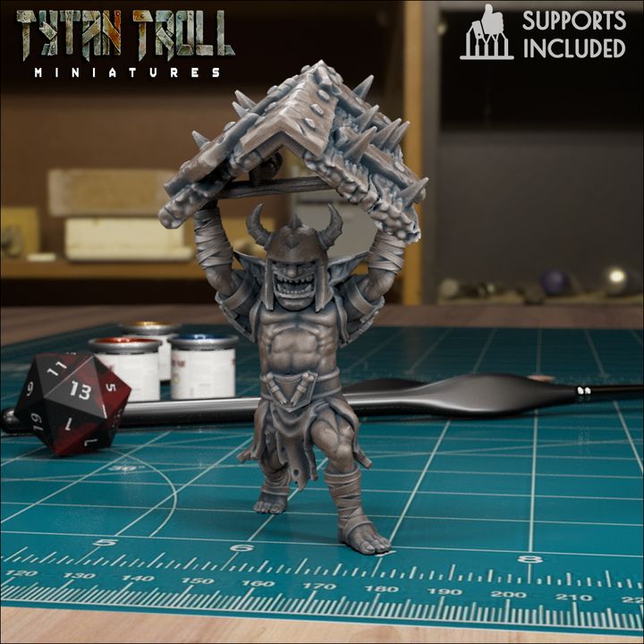 Goblin Heavy Warrior miniature by TytanTroll carrying a spiked wooden shield overhead, a brutal fantasy goblin fighter for RPG and wargaming tables.