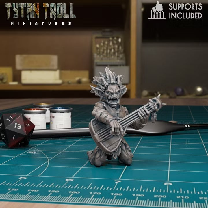 Kneeling goblin bard guitarist