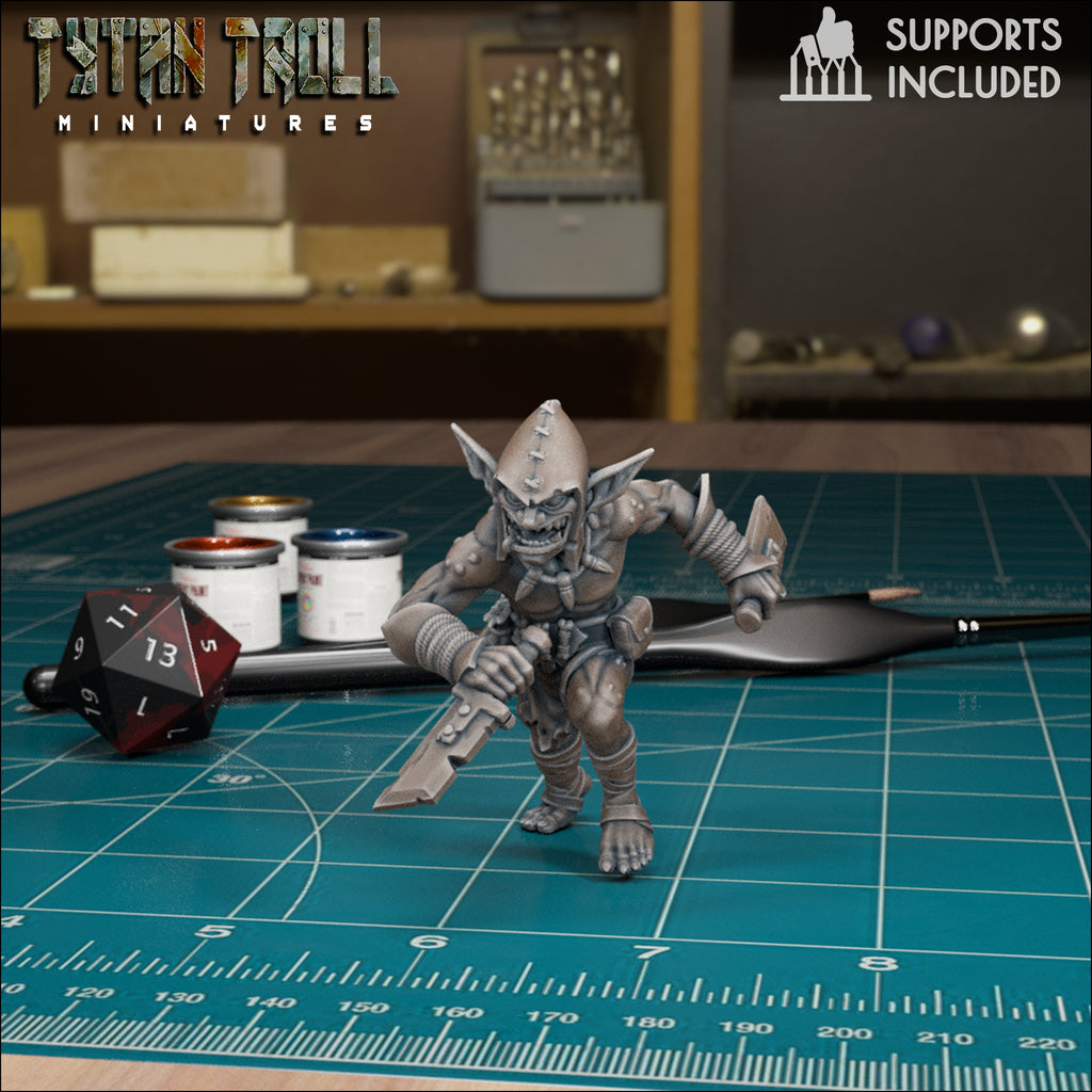 Goblin Assassin Pack fantasy resin miniatures by TytanTroll, showing model 1 of 4 sneaky goblin rogue-style miniatures printed by CeeForge.