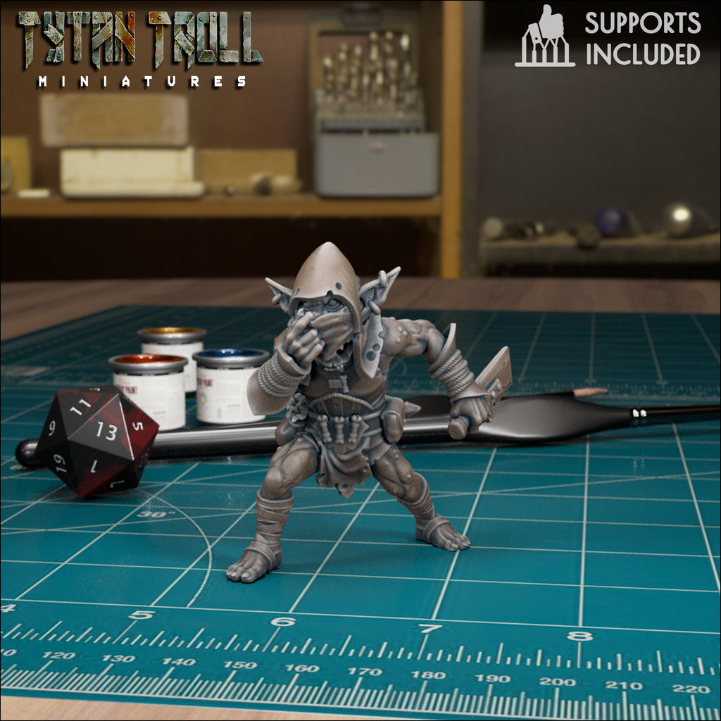 Goblin Assassin Pack fantasy resin miniatures by TytanTroll, showing model 2 of 4 sneaky goblin rogue-style miniatures printed by CeeForge.