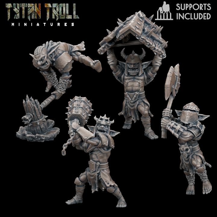 Goblin heavy fighters from Goblin Warband II by TytanTroll, showing armored brute-style fantasy goblin miniatures with large weapons and battle-ready poses.