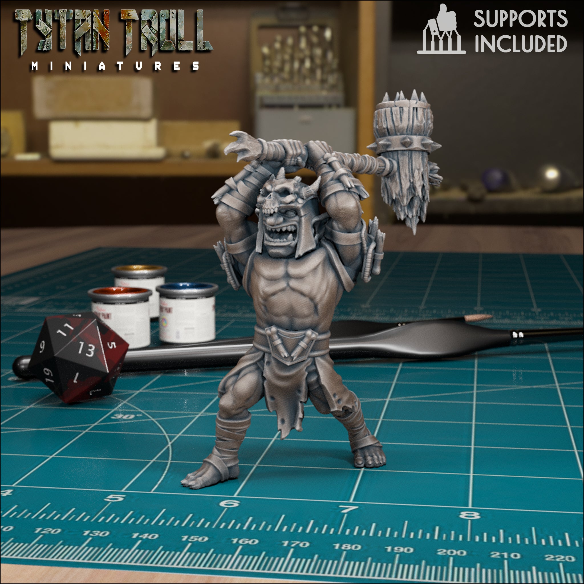 Goblin Heavy Warrior Pack fantasy resin miniatures by TytanTroll, showing model 1 of 4 armored goblin fighters with weapons printed by CeeForge.