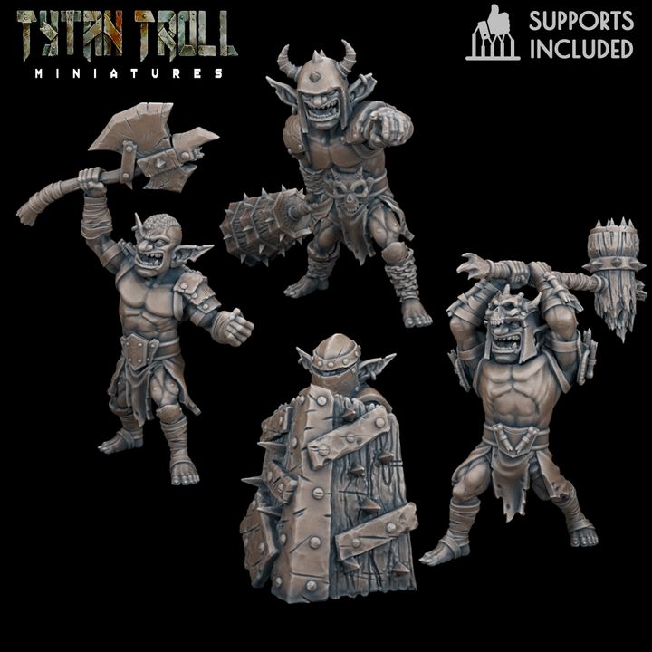 Goblin Heavy Warrior Pack fantasy resin miniatures by TytanTroll, showing 4 armored goblin fighters with weapons printed by CeeForge.