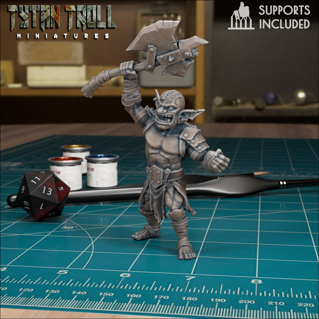 Goblin Heavy Warrior Pack fantasy resin miniatures by TytanTroll, showing model 4 of 4 armored goblin fighters with weapons printed by CeeForge.