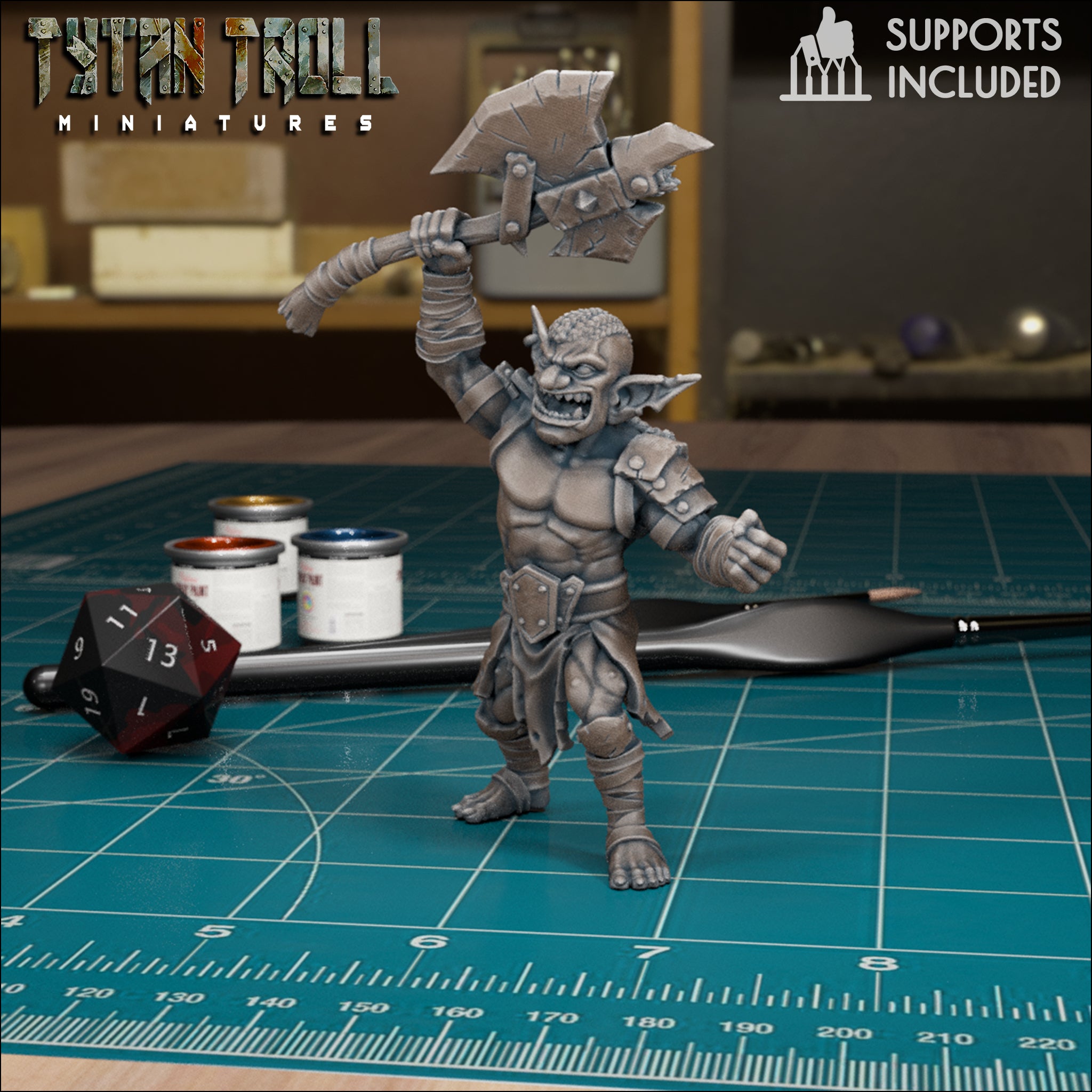 Goblin Heavy Warrior Pack fantasy resin miniatures by TytanTroll, showing model 4 of 4 armored goblin fighters with weapons printed by CeeForge.