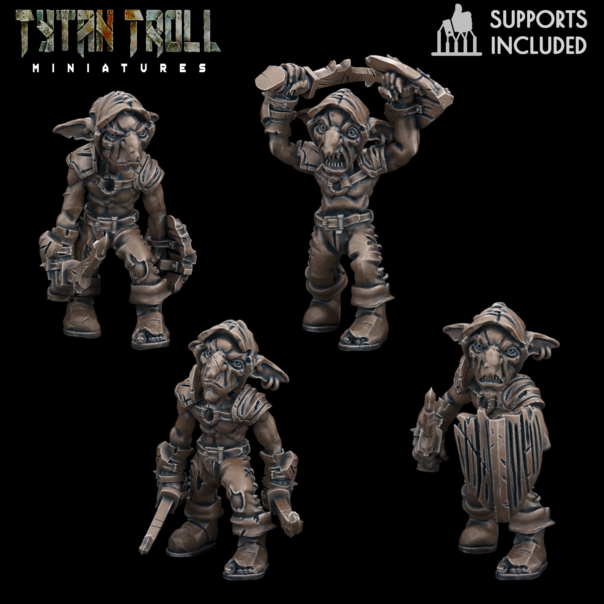 Marauder Goblins fantasy resin miniatures by TytanTroll, showing 4 scrappy goblin raiders with weapons, rough gear, and chaotic tabletop character.