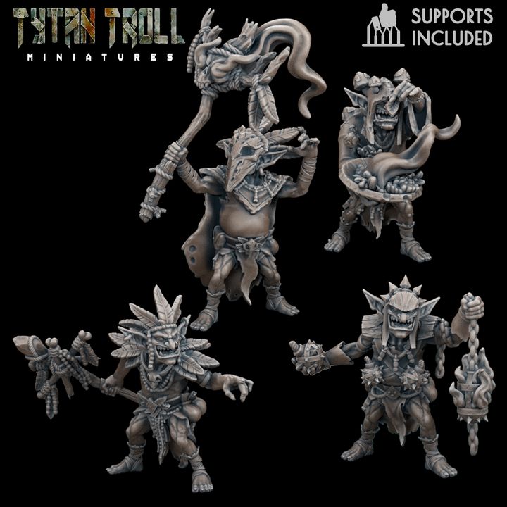 Goblin Shaman Pack fantasy resin miniatures by TytanTroll, showing 4 goblin spellcasters with magical details printed by CeeForge.