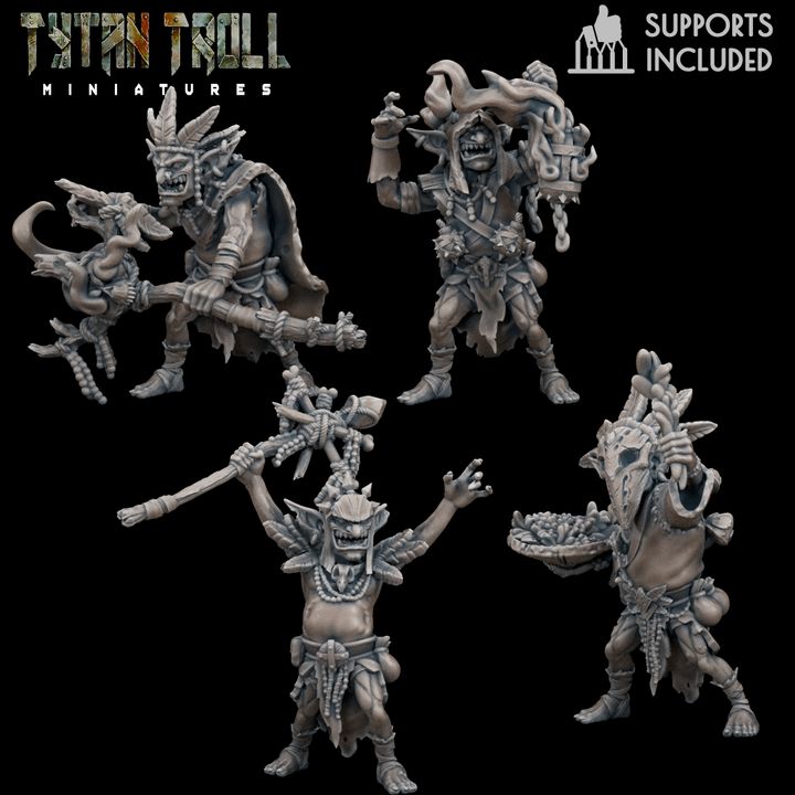 Goblin shaman miniatures from Goblin Warband II by TytanTroll, featuring fantasy goblins with magical props, staffs, and chaotic RPG character detail.