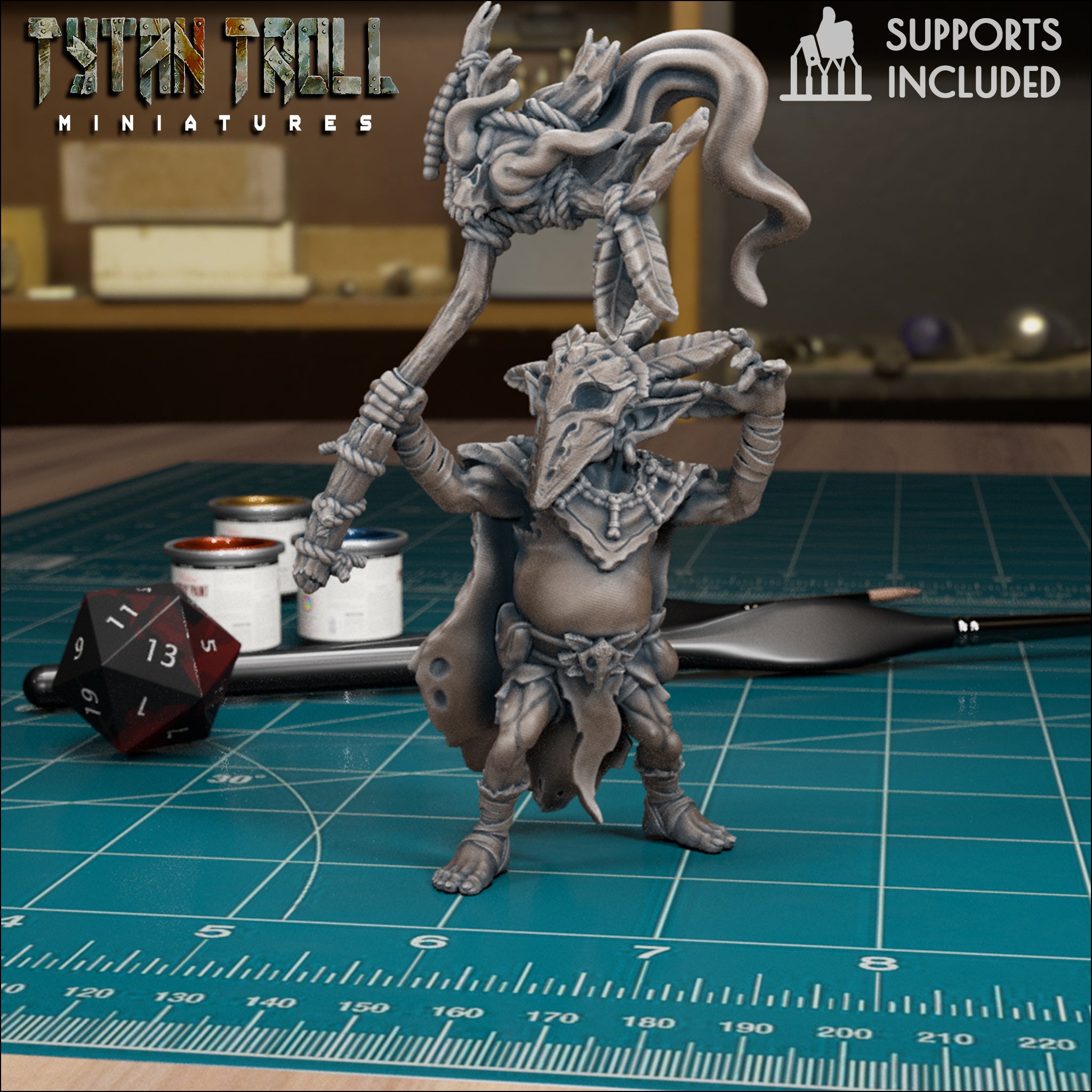 Goblin Shaman Pack fantasy resin miniatures by TytanTroll, showing model 3 of 4 goblin spellcasters with magical details printed by CeeForge.