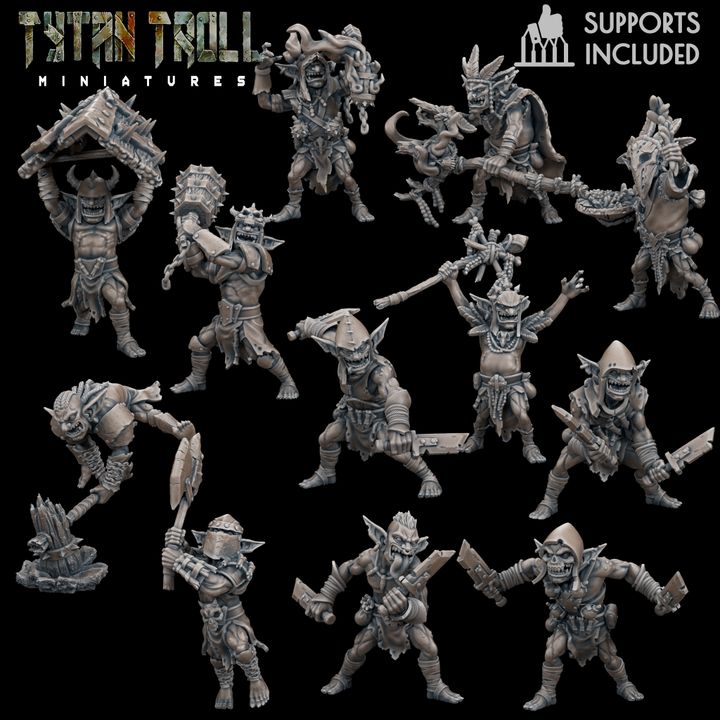 Goblin Warband II by TytanTroll, showing 12 fantasy goblin resin miniatures including shamans, brutes, assassins, and skirmish fighters.