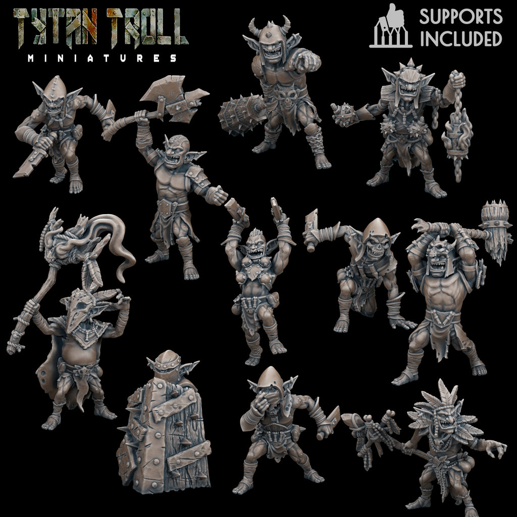 Goblin Warband fantasy resin miniatures by TytanTroll, showing 12 goblin shamans, heavy warriors, and assassins printed by CeeForge.