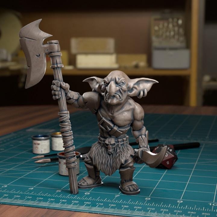 Resin 3D‑printed goblin raider miniature by TytanTroll holding a halbert and oversized curved blade. 