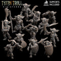 Group of resin 3D‑printed Goblin Raider miniatures by TytanTroll shown on a black background, featuring multiple goblins in dynamic poses with axes, curved blades, spears, shields, and armor.