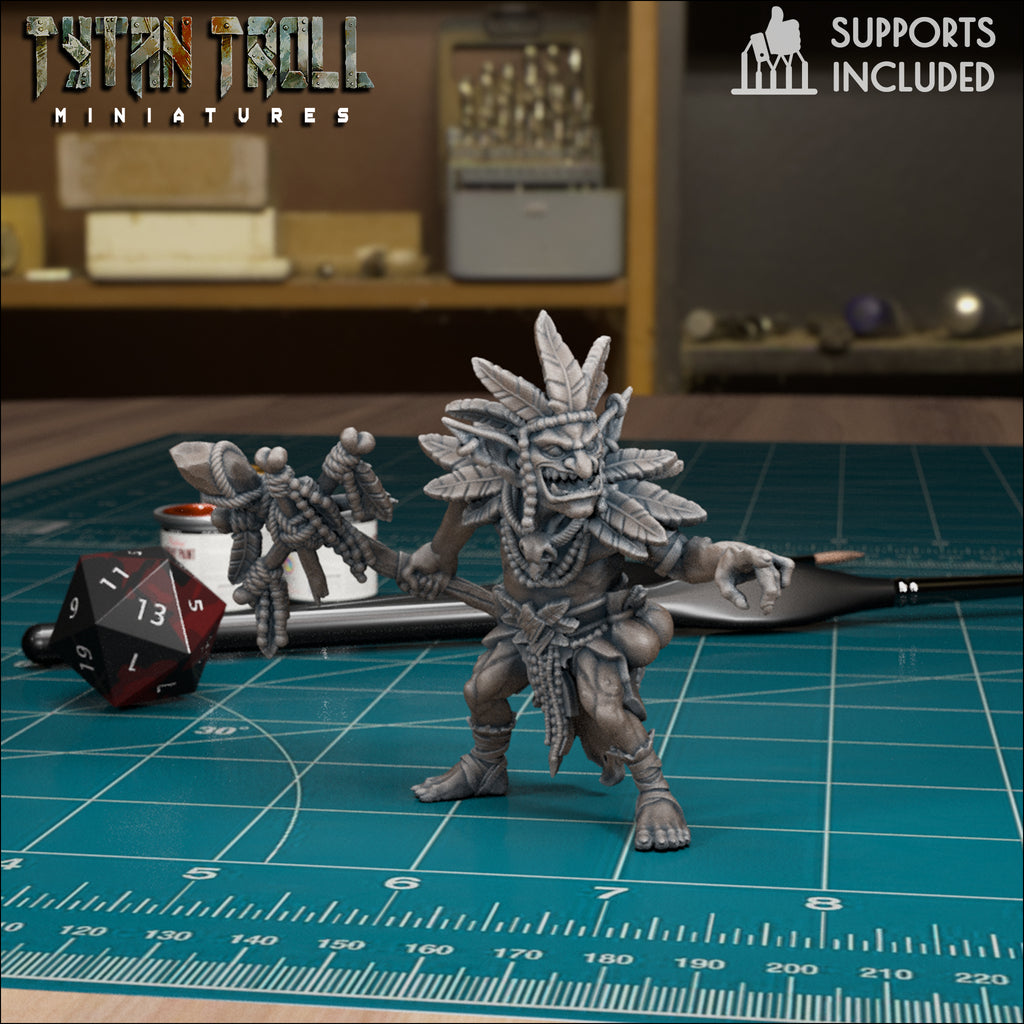 Goblin Shaman Pack fantasy resin miniatures by TytanTroll, showing model 2 of 4 goblin spellcasters with magical details printed by CeeForge.