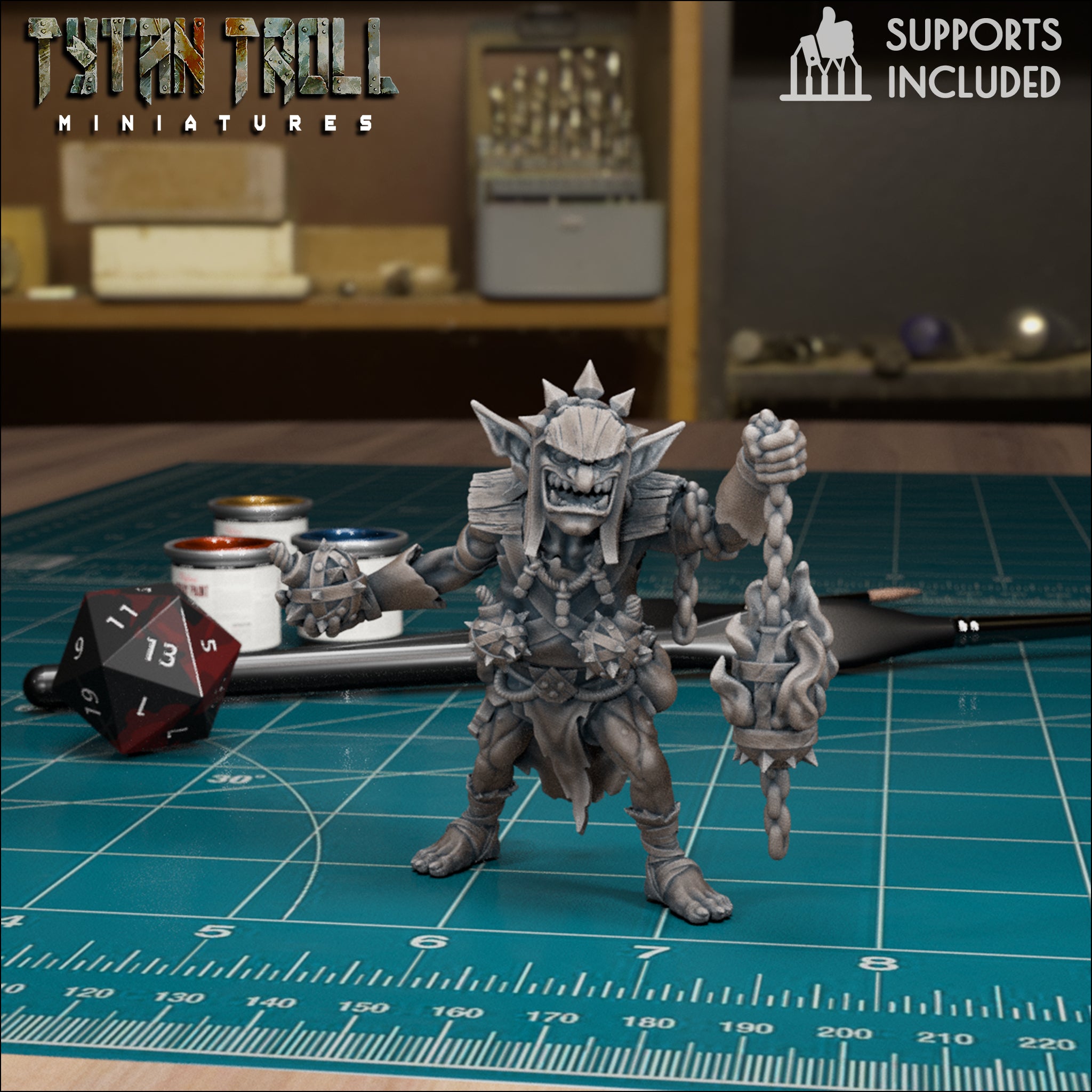 Goblin Shaman Pack fantasy resin miniatures by TytanTroll, showing 1 of 4 goblin spellcasters with magical details printed by CeeForge.