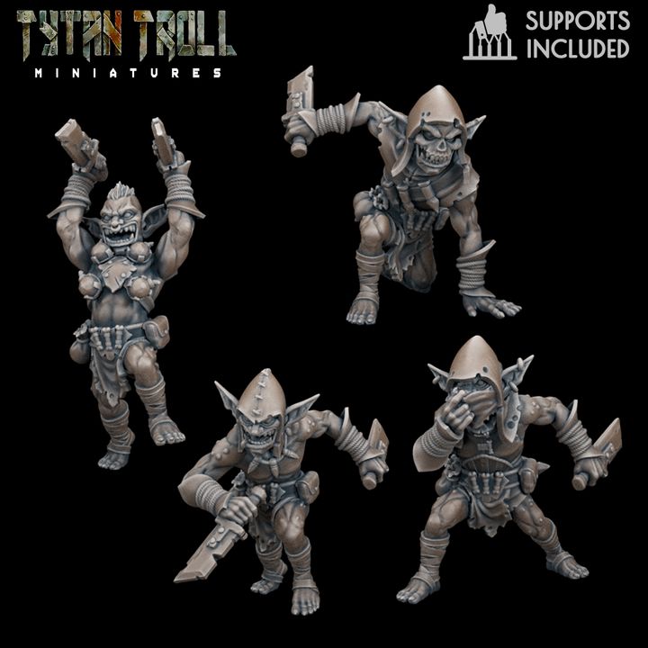 Goblin Warband fantasy resin miniatures by TytanTroll, showing 4 of the 12 goblin shamans, heavy warriors, and assassins printed by CeeForge.