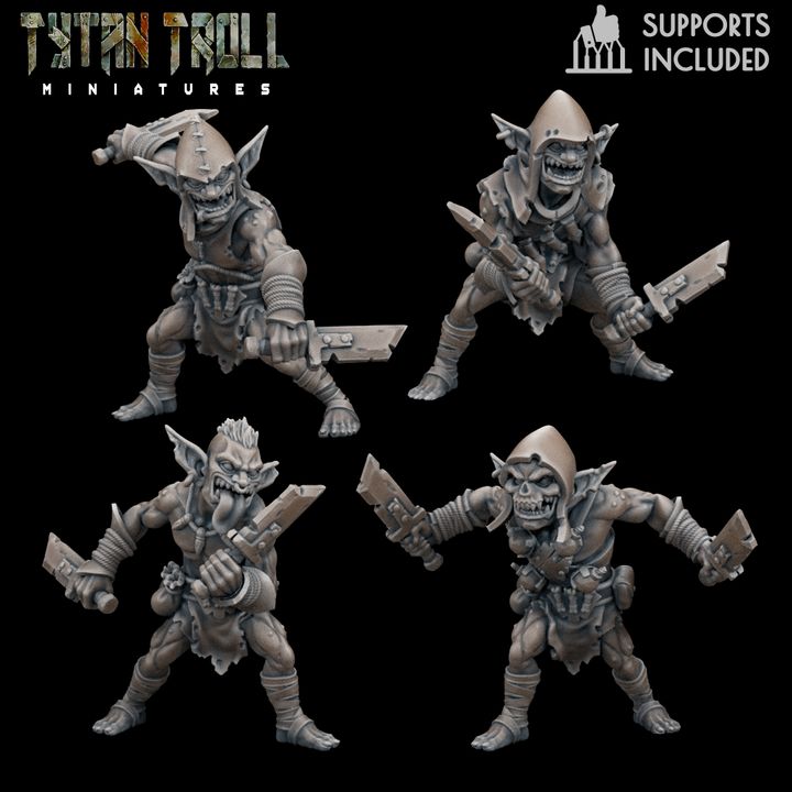 Goblin assassin and skirmisher miniatures from Goblin Warband II by TytanTroll, featuring sneaky fantasy goblins with blades, hoods, and aggressive poses.