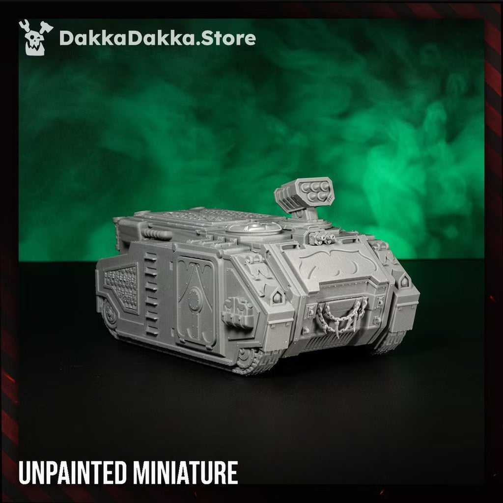  Unpainted high-detail resin print of the Great Vortex Legion APC, shown from the front three-quarter view with armored hull, missile launcher, and skull details.