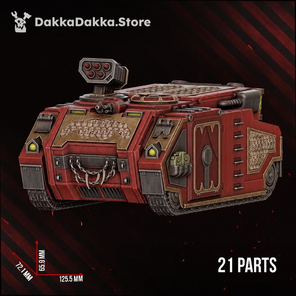 Great Vortex Legion APC modular dark sci-fi armored transport by DakkaDakka, showing the front armor, skull relief panels, missile launcher, and 21-part build callout.
