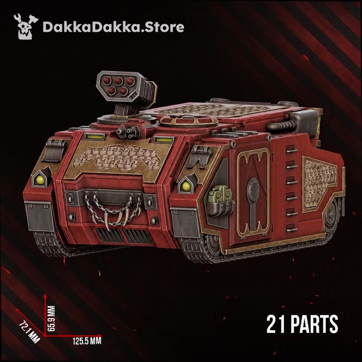Great Vortex Legion APC modular dark sci-fi armored transport by DakkaDakka, showing the front armor, skull relief panels, missile launcher, and 21-part build callout.