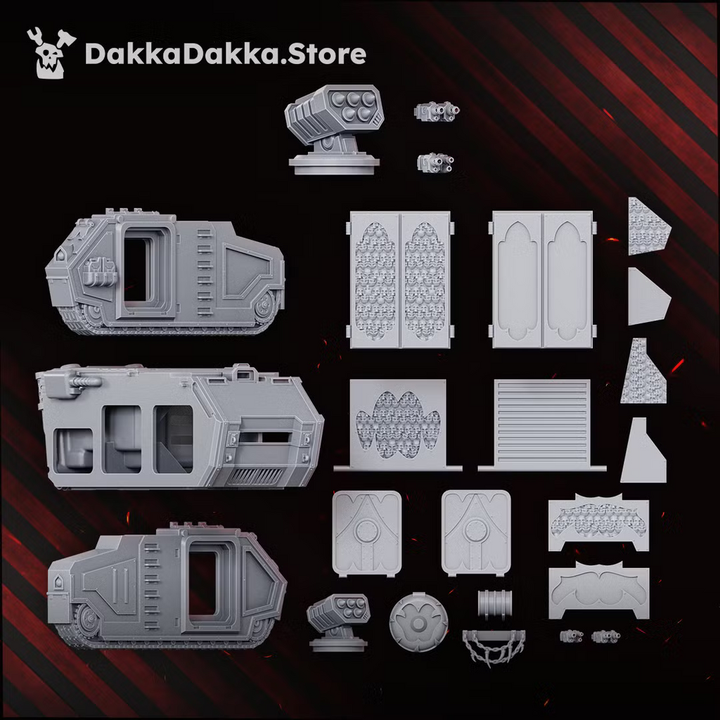 Unassembled components for the 21-part Great Vortex Legion APC modular vehicle kit, including hull sections, armor panels, weapons, and missile launcher.