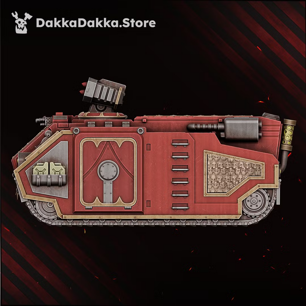 Side view of the Great Vortex Legion APC dark sci-fi transport, showing its armored side door, tread system, weapon details, and skull relief panel.