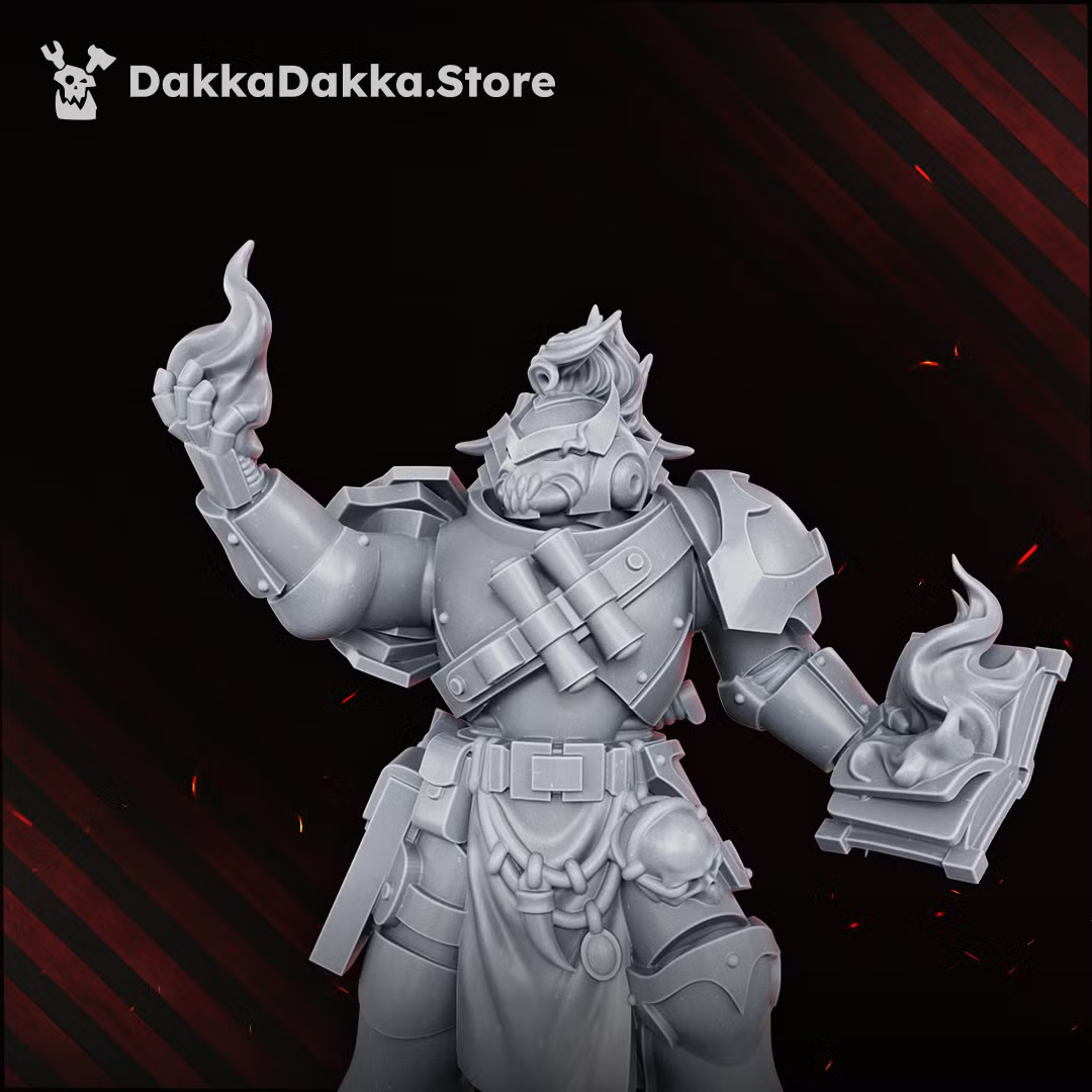 Front close-up of the Great Vortex Legionary, showing layered armor, warped details, flame effects, and character weaponry.