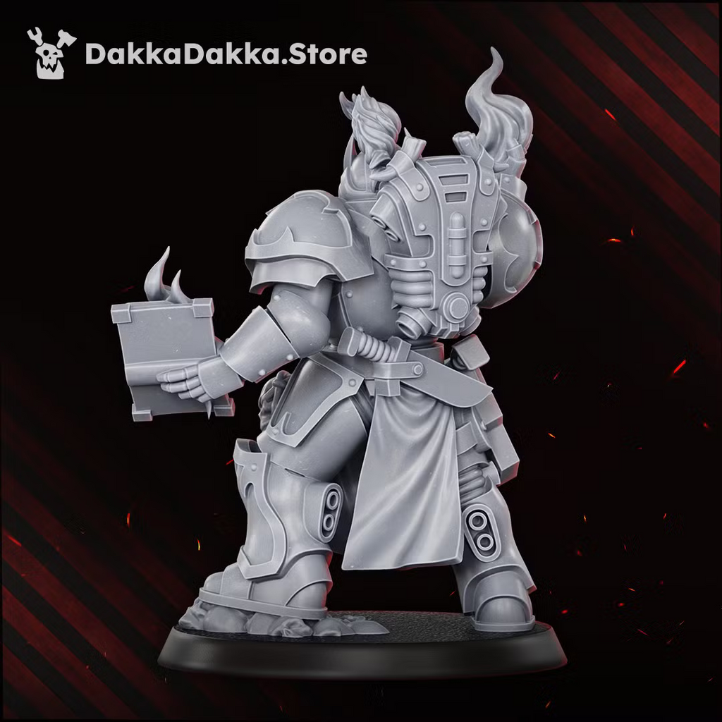Rear view of the Great Vortex Legionary miniature, showing armored backpack details, robes, and flame effects.