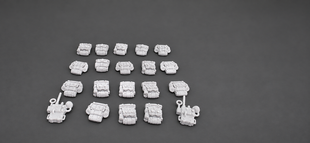Optional GrimGuard Infantry backpack and communications gear accessories by StationForge shown as separate resin parts