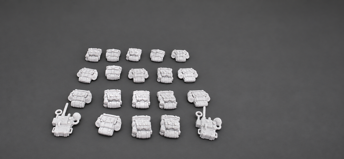 Optional GrimGuard Infantry backpack and communications gear accessories by StationForge shown as separate resin parts