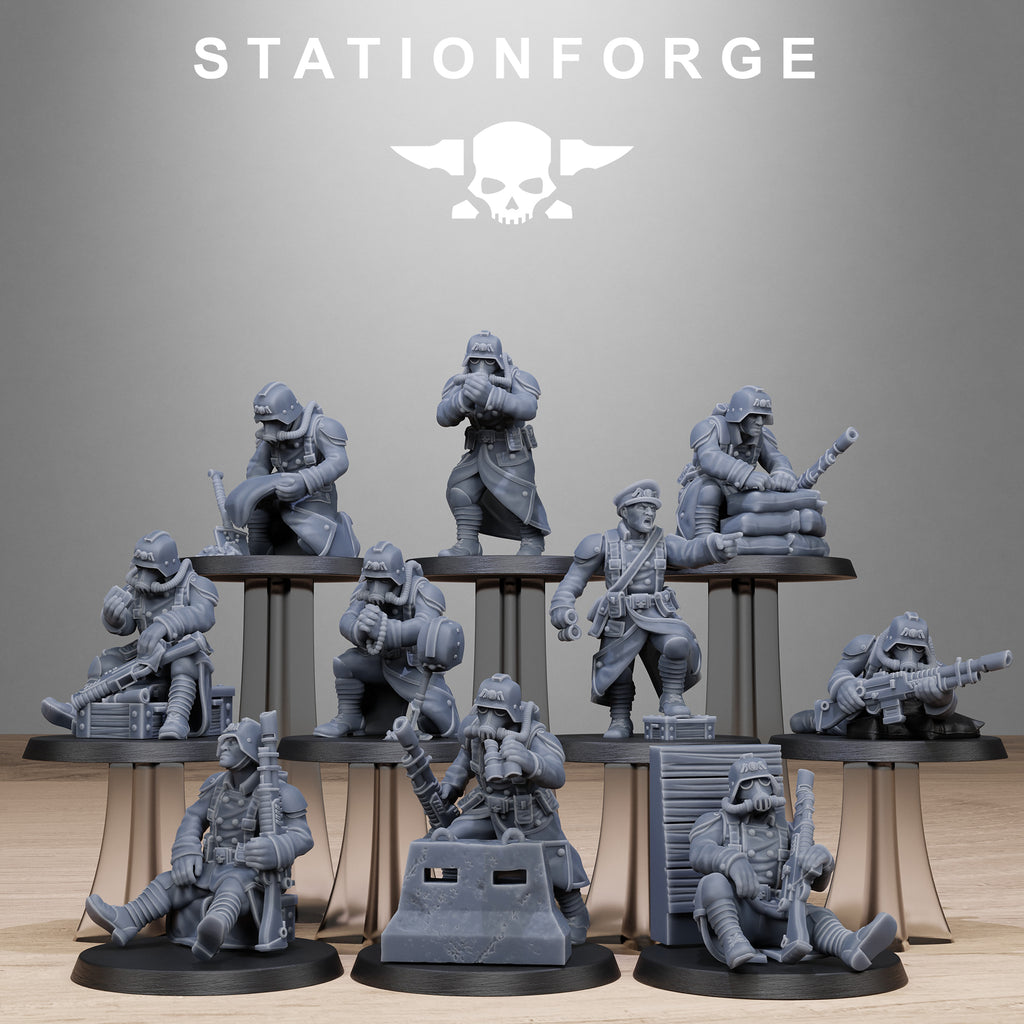 GrimGuard Battlefront resin miniature squad by StationForge featuring ten trench-style sci-fi soldiers with rifles, gas masks, sandbags, crates, barricades, and battlefield poses.