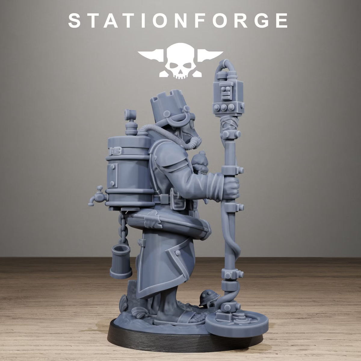 GrimGuard Beach Boy side view with backpack tank flotation ring and staff