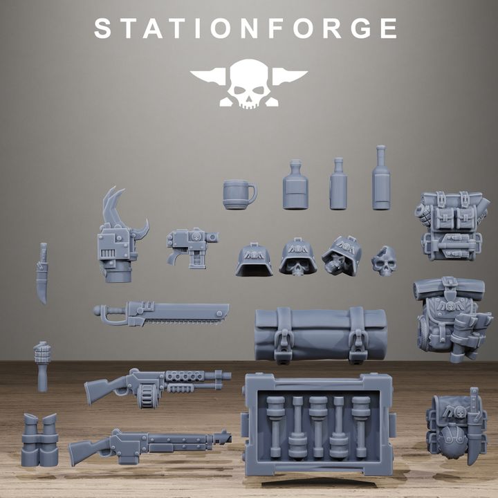 GrimGuard Bits 2 resin conversion accessories by StationForge, including weapons, helmets, backpacks, crates, bottles, gear, and grimdark battlefield bits.