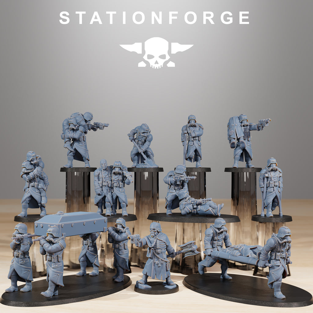 GrimGuard Casualties resin miniature set by StationForge featuring multiple trench warfare casualty scenes, stretcher teams, wounded soldiers, medics, and battlefield recovery poses.