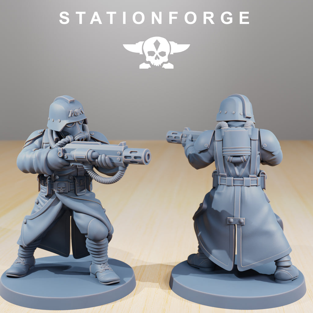 GrimGuard Command Force resin miniature by StationForge with rifle, gas mask, long coat, armor plates, and grimdark sci-fi command squad styling.