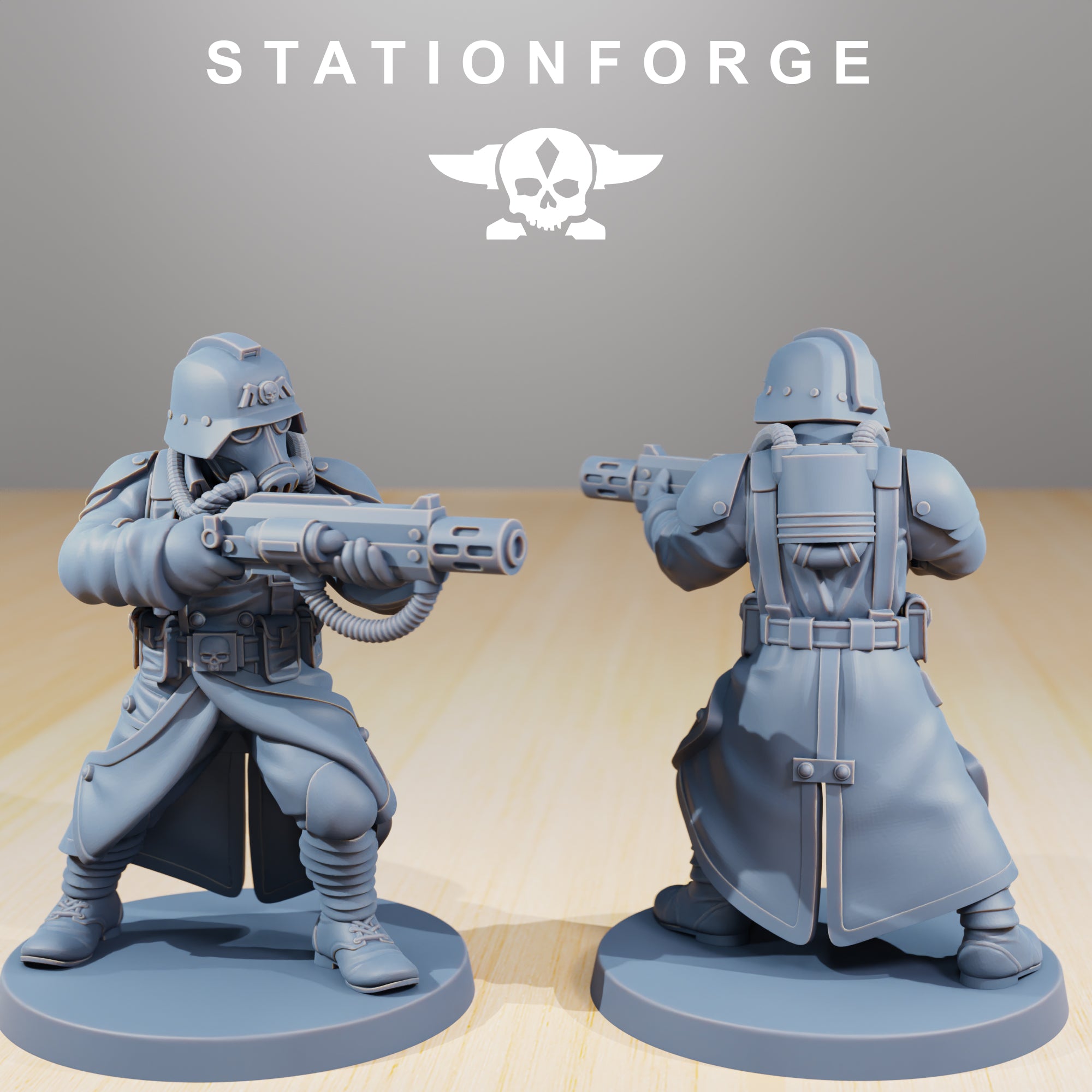 GrimGuard Command Force resin miniature by StationForge with rifle, gas mask, long coat, armor plates, and grimdark sci-fi command squad styling.
