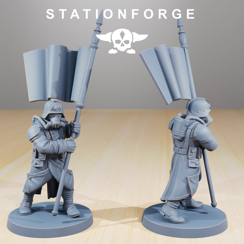 GrimGuard Command Force banner bearer resin miniature by StationForge shown from front and rear with gas mask, long coat, backpack, and tall command banner.