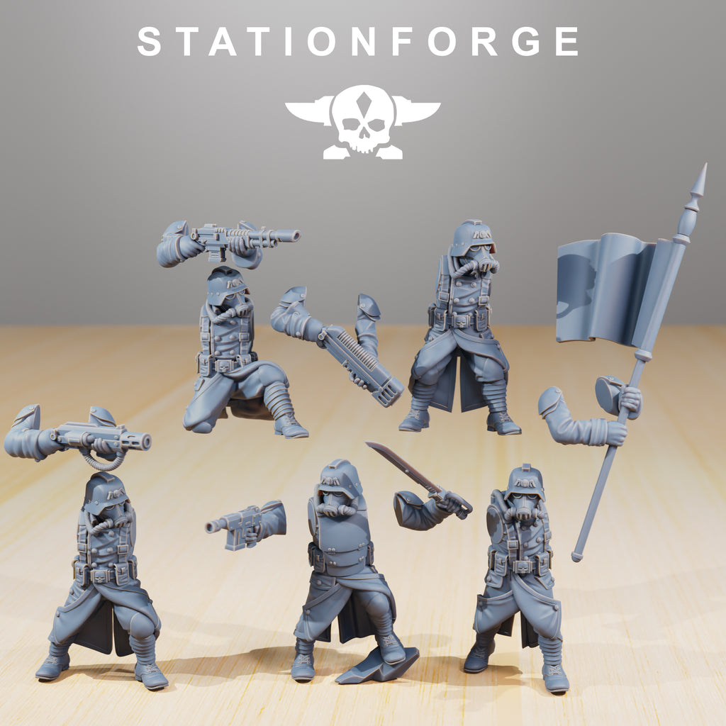 Modular GrimGuard Command Force resin miniature parts by StationForge showing alternate heads, arms, weapons, banner pieces, and command squad components.