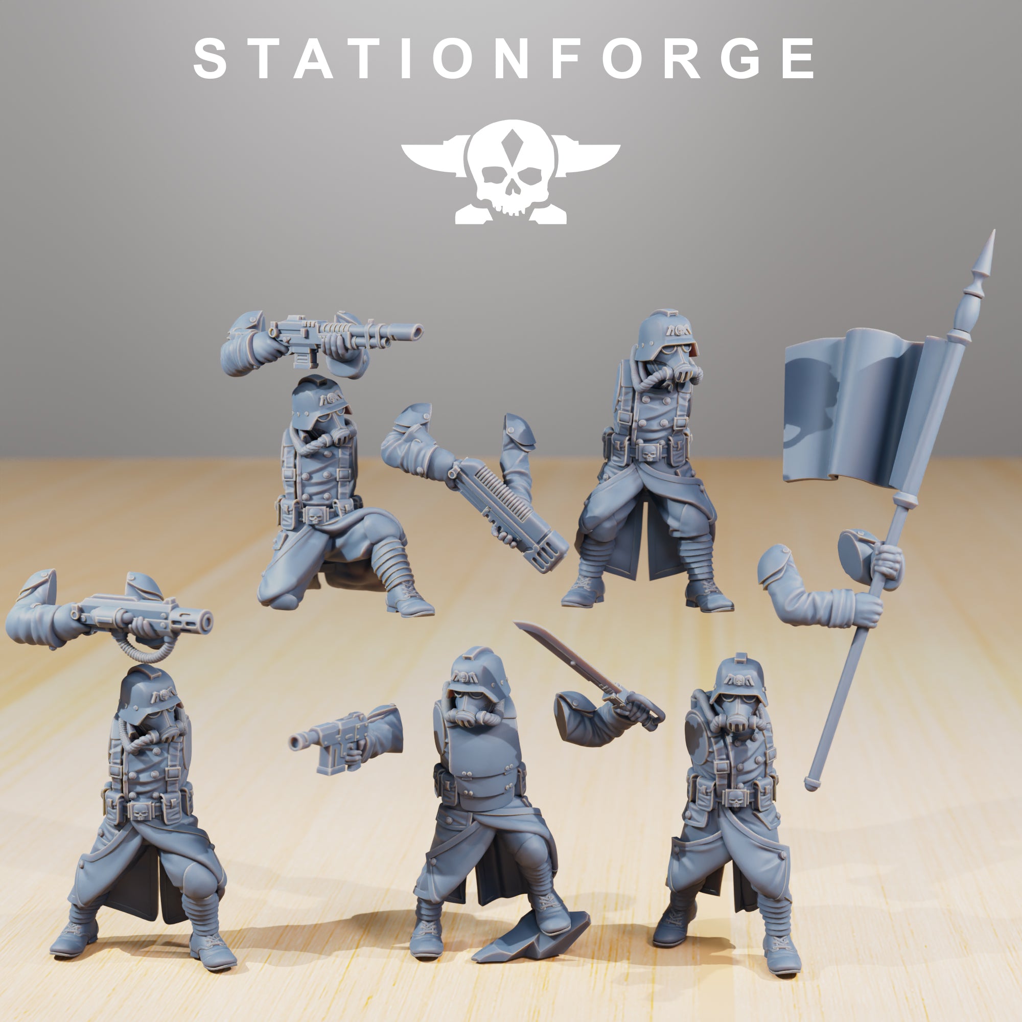 Modular GrimGuard Command Force resin miniature parts by StationForge showing alternate heads, arms, weapons, banner pieces, and command squad components.