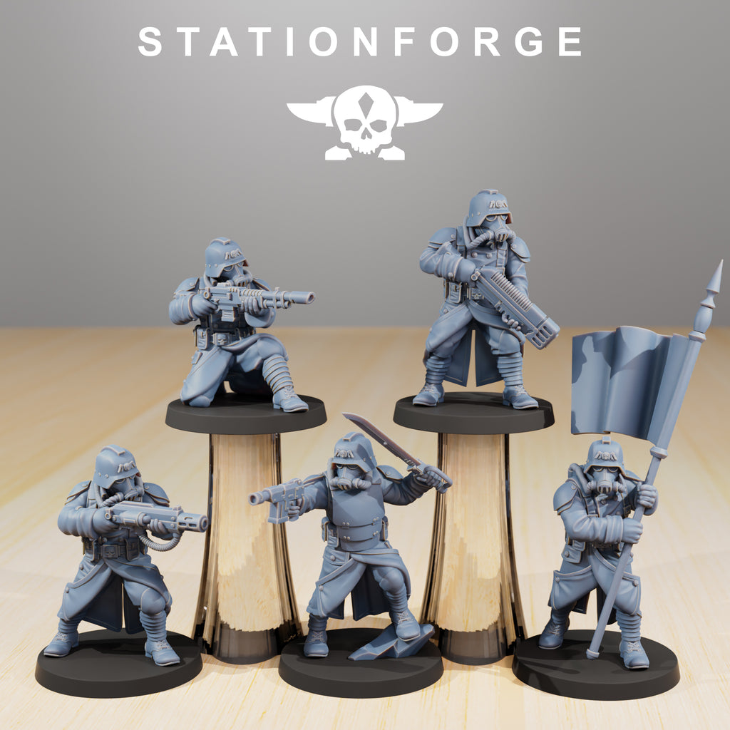 GrimGuard Command Force resin miniature squad by StationForge featuring five trench-style sci-fi command models with gas masks, banner, rifles, heavy weapon, armor, and long coats.