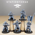 GrimGuard Command Force resin miniature squad by StationForge featuring five trench-style sci-fi command models with gas masks, banner, rifles, heavy weapon, armor, and long coats.