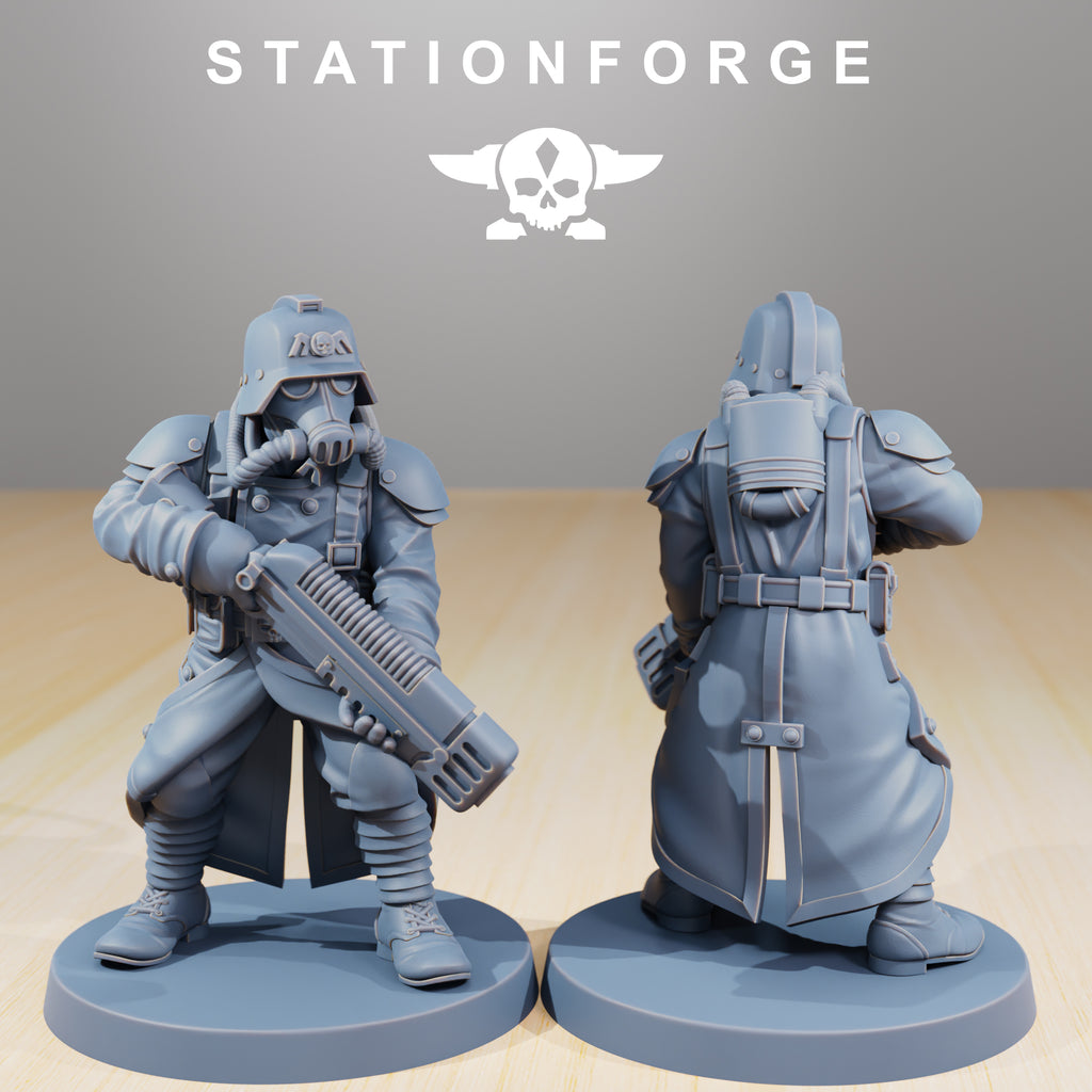 GrimGuard Command Force resin miniature shown from front and rear holding a large sci-fi weapon with gas mask, armor, long coat, and backpack details.
