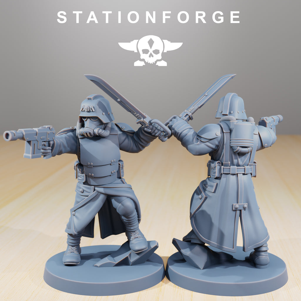 GrimGuard Command Force resin miniature by StationForge posed with pistol and raised sword, wearing trench armor, gas mask, and battlefield gear.