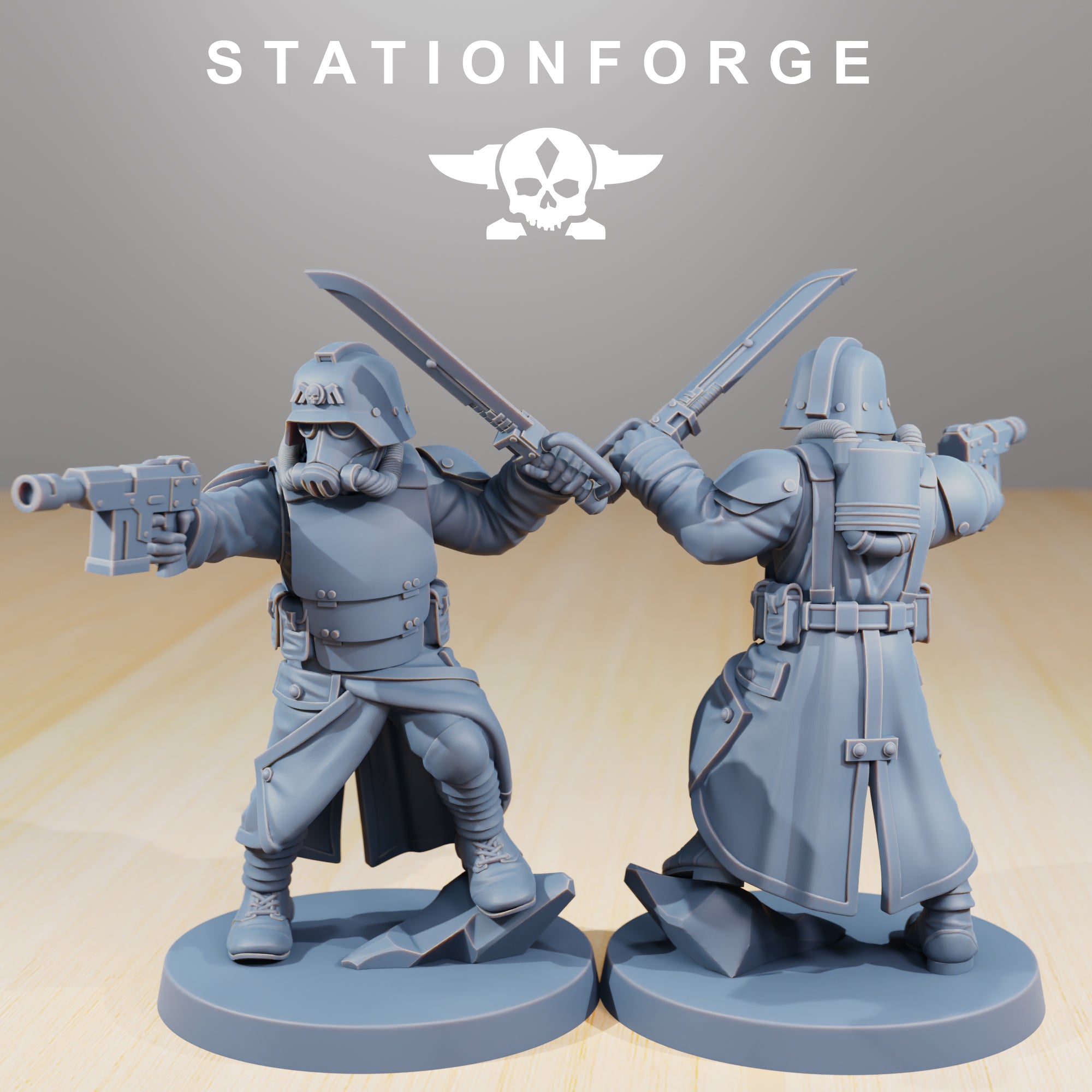 GrimGuard Command Force resin miniature by StationForge posed with pistol and raised sword, wearing trench armor, gas mask, and battlefield gear.