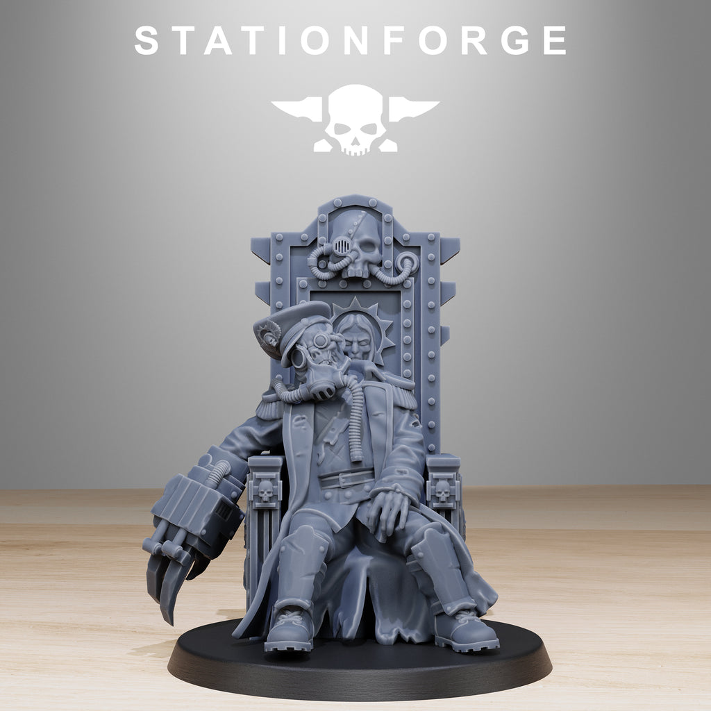GrimGuard The Fallen Officer resin miniature by StationForge seated on a gothic command throne with gas mask, mechanical claw, skull details, and sci-fi trench officer armor.